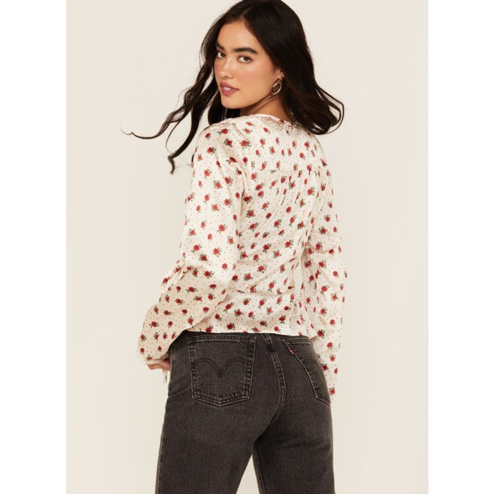 FREE PEOPLE Women's Field of Roses Top Medium Cream Red Long Sleeve NWOT - Picture 4 of 13